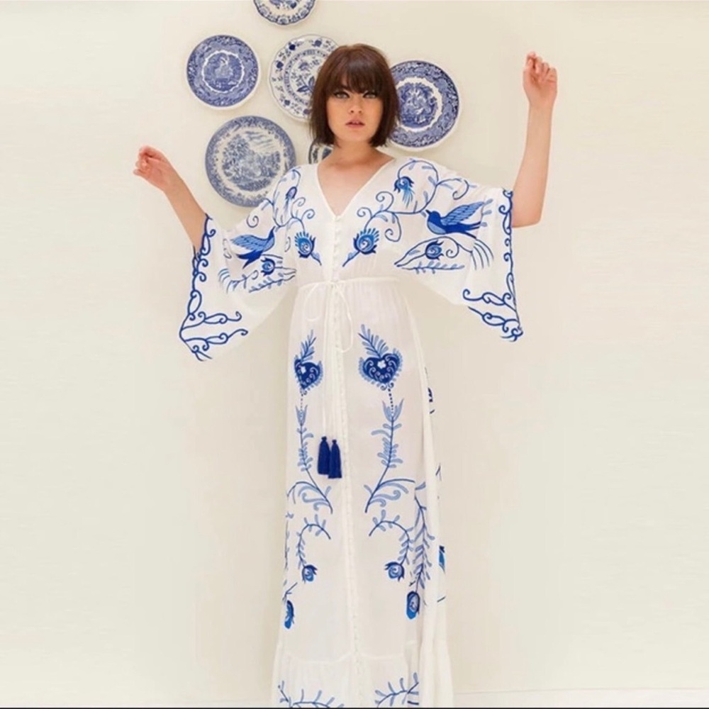 5 Star⭐️Fav Blue Bird Boho Embroidered Hearts Magic Kimono Long Maxi